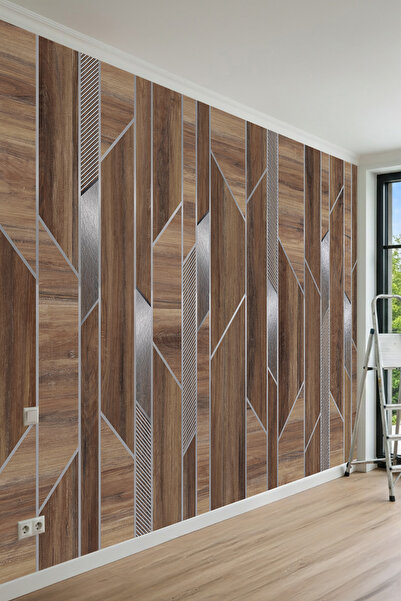dreamwall Ahşap Doku Geometrik Çizgi ve Metalik Desenli Tek Parça Tekstil Duv...