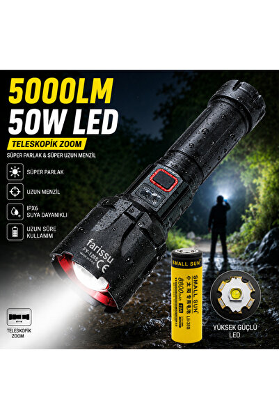 farissu FY-T288 50W 5000 Lümen Ultra Parlak Şarjlı El Feneri | 1.5 Km Menzill...