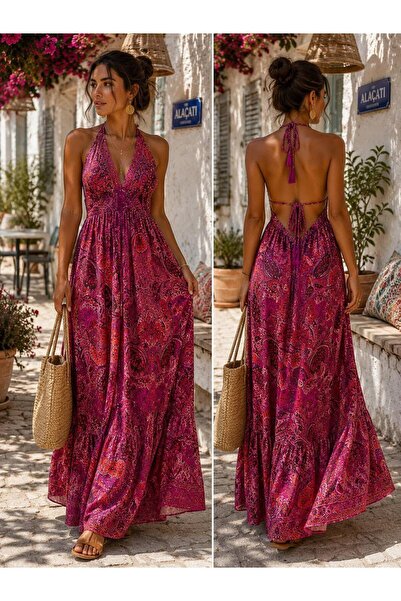 shop Kadın Fuşya Şal Desenli %80 İpek Sırt Dekolteli Askılı Uzun Maxi Yazlık ...