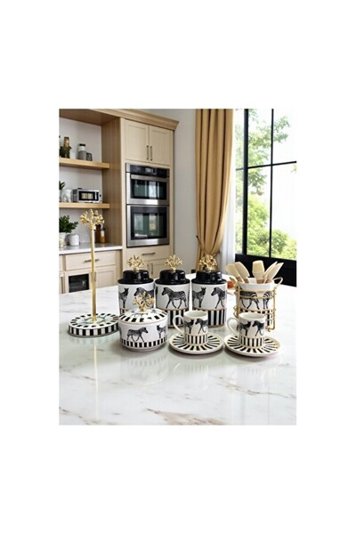 Empressco Şık Zebra At Desenli Gold Mutfak Seti - Feray Home