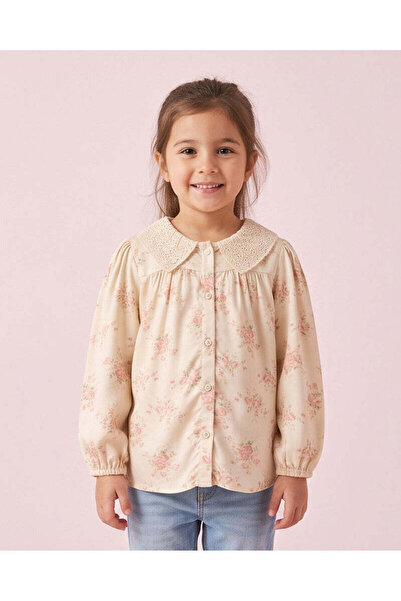 REDTAG Girls White Floral All Over Print Button Front Blouse
