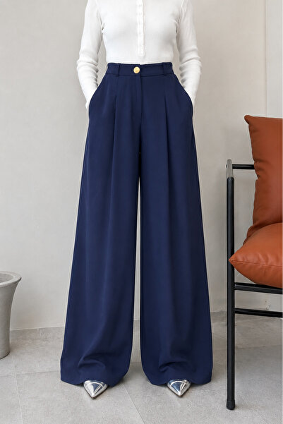 Tesettür Diyarı Kali Pleated Pocket Palazzo Fabric Trousers - Navy Blue