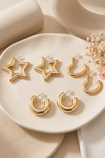 Elika Silver Gold Color Triple Showy Star, Heart, Hoop Earring Set