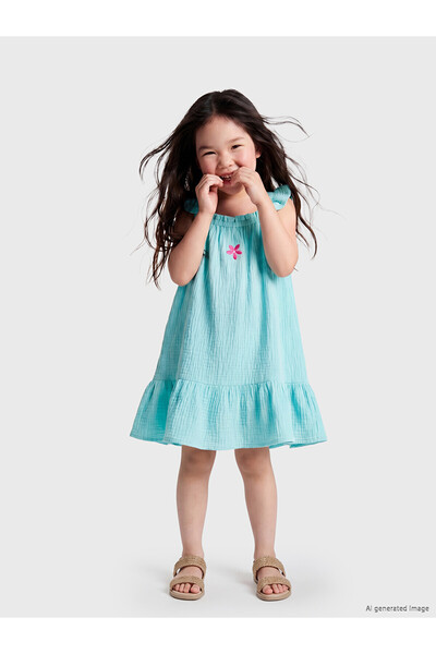 LC Waikiki Original Square Collar Embroidered Girls' Muslin Dress