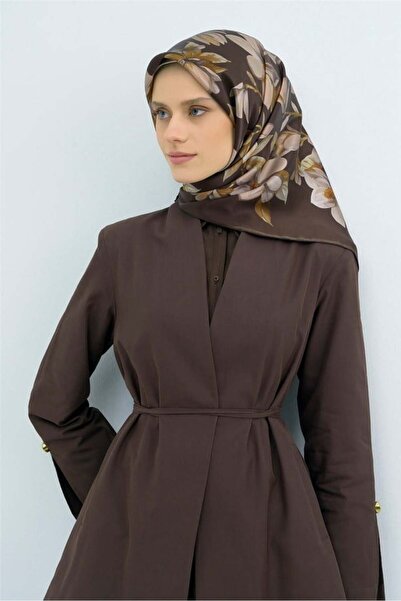 Armine Tivil Pure Silk Scarf 9524 - 55 Coffee Mink Flower Pattern