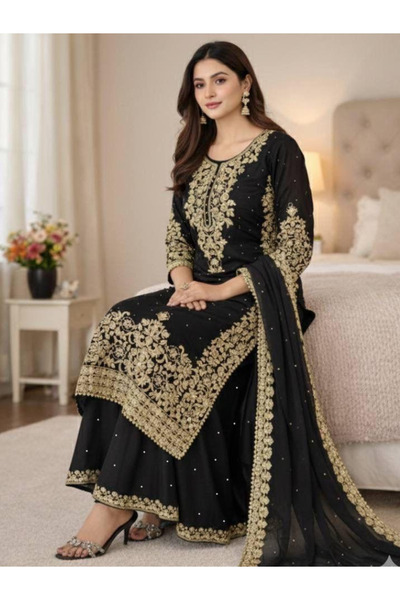 MYSMAR Black Silk Salwar Kameez & Dupatta - HRT6798 | Black-Size:XL-42-Inches