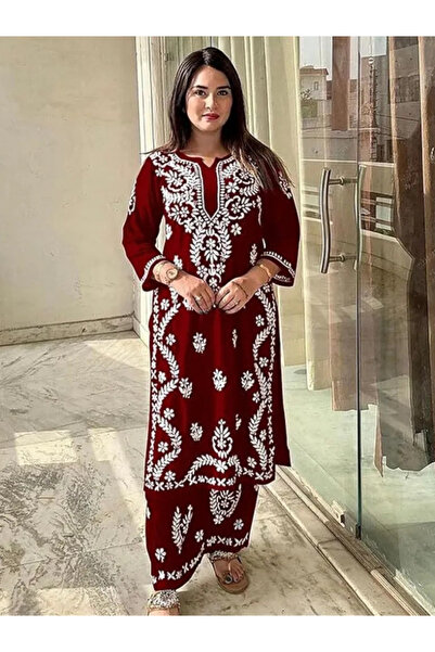 MYSMAR Maroon Rayon Chikankari Embroidered Kurta Pant Set - FFT8106 | Maroon-...