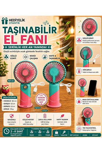 Taşınabilir Şarjlı El Ve Masa Üstü Mini Fan Vantilatör - Yeşil & Pembe Çift Renkli Model
