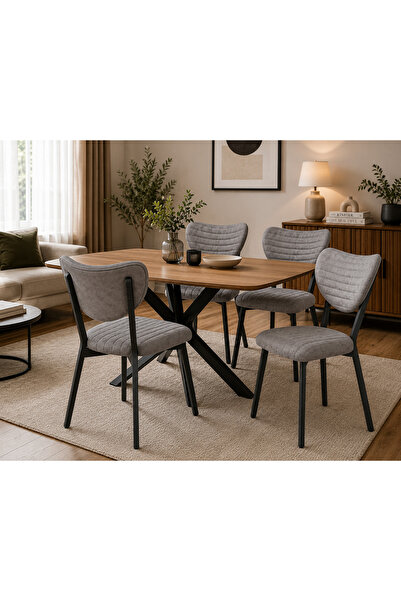 Mutfak Sandalyesi Modern 4 adet Antrasit Kumaş Salon Sandalyesi Antrasit Metal Ayak Elma Model