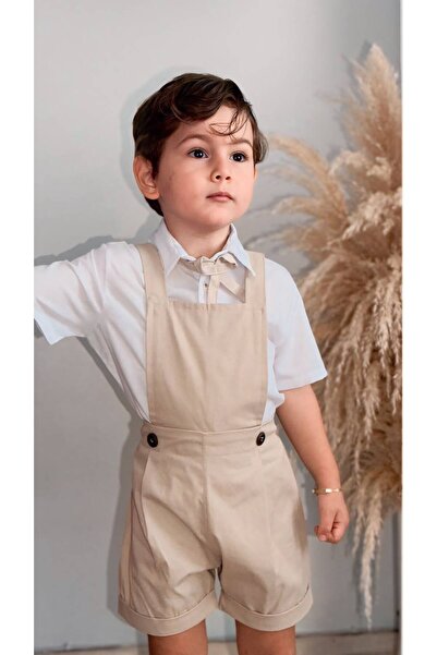 Z KİDS Beige Short Shorts Gardener Model Boy/Baby Salopet Shirt Set