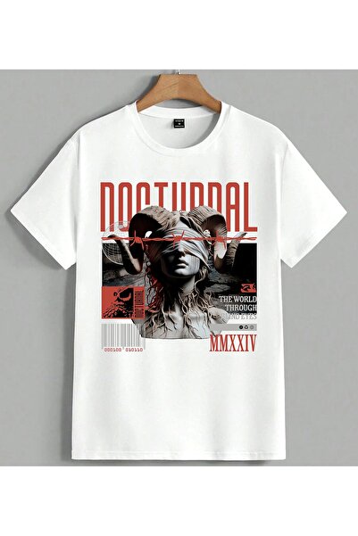 ELFERA Nocturnal Goz Bagli Digital Printed Unisex Oversize T-Shirt White