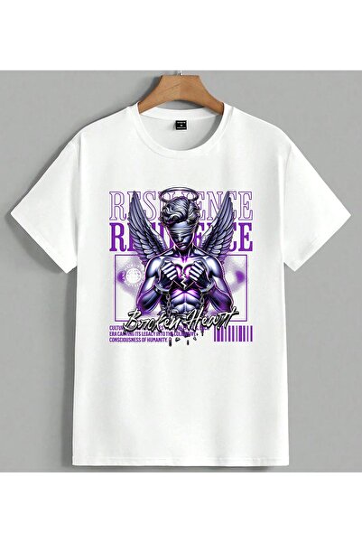 ELFERA Risen Refuge Angel Motif Purple Printed Unisex Oversize T-Shirt White