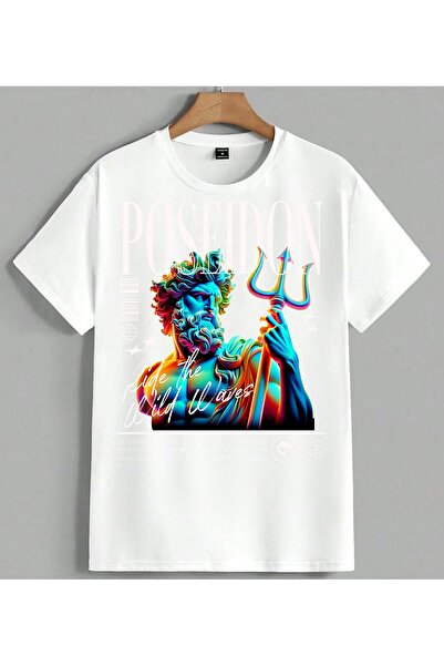 ELFERA Posejdon Mitologija Šareno Unisex Oversize Majica Bela