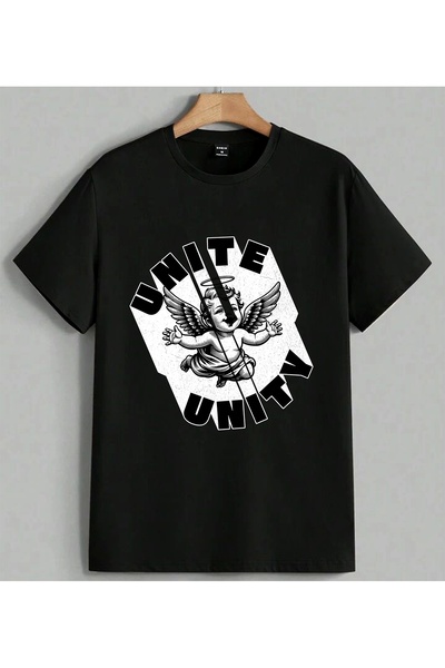 ELFERA Smite Unit Melek Baski Vintage Printed Unisex Oversize T-Shirt Black