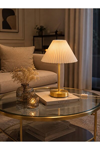 Elizim Home Lighting Modern Kırma Kumaş Krem Pliseli Gold Ayaklı Abajur Dekor...