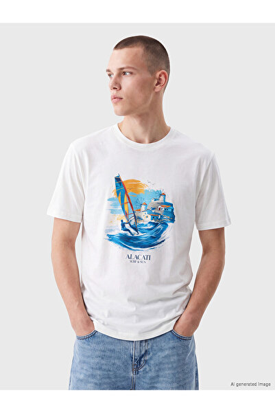 LC Waikiki Nevavm Oval Collar Alaçatı Printed Men's T-Shirt with a Difference