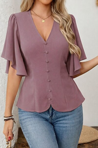 Simala Women's Short Sleeve Button-Front Imported Crepe Blouse
