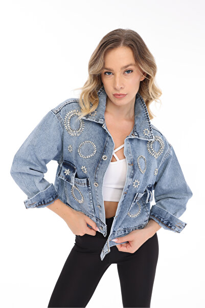 RENGARENG Women's Designer Denim Jacket with Stone Embellishments, Blue Overs...