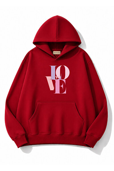 herkesemoda Love Printed Hooded 2 Thread Threaded Sweatshirt