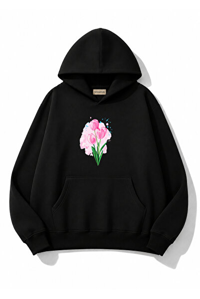 herkesemoda Tulip Printed Hooded 2 Thread Threaded Sweatshirt