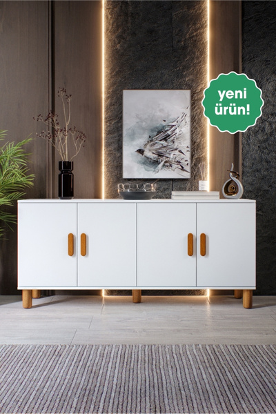 mapahomeliving Bohem Serisi Riva Modern 160 cm 4 Kapaklı Salon Konsolu - Beyaz