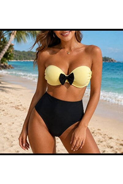 Nobrand Women's 2-Piece Swimsuit, Pastel Yellow Push-Up Bra with Black Bow an...