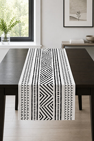 Bebişim Halı Black and White Ethnic Tribal Geometric Patterned Runner Tablecl...