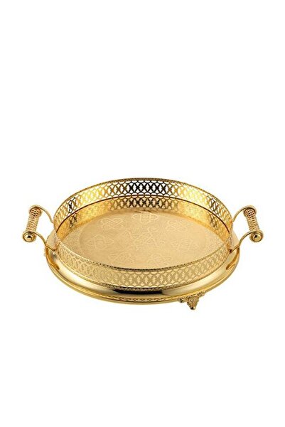 Trust Round Decorative Stainless Steel Serving Tray With Handles & Legs, Gold...