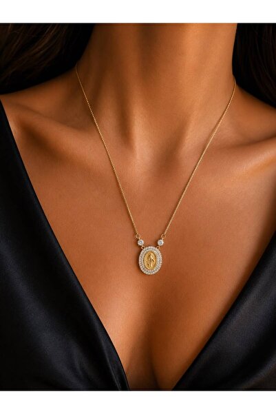 AURA ATELİER MODA Aura Meryem Ana Madalyon Kolye – Zirkon Taşlı Gold Kadın Ko...