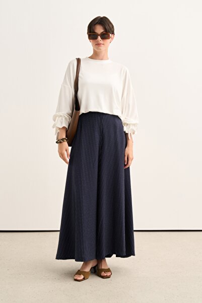 EBU Prive Women's Draped Flared Pants Skirt Striped Navy Blue