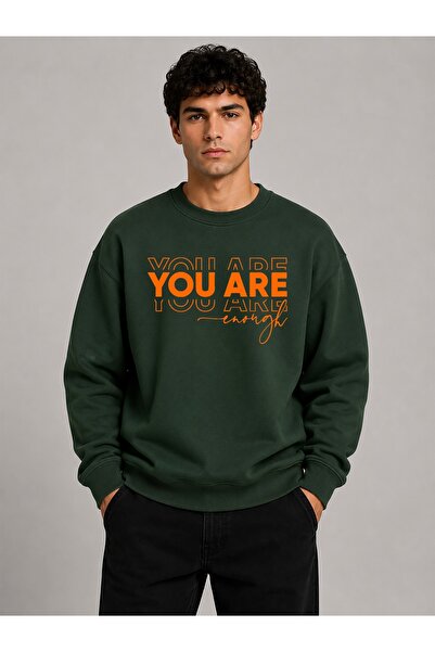 herkesemoda You Are Print Detailed Crew Neck 2 Thread Sweatshirt with Embroidery