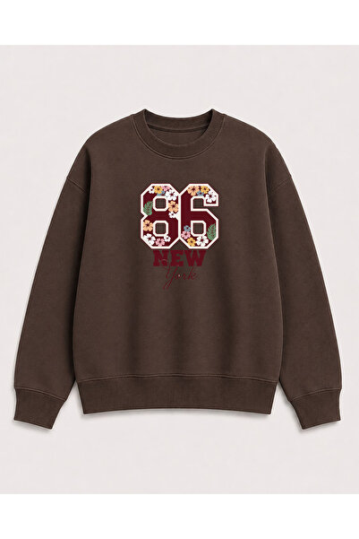herkesemoda Numbers and Flowers Print Detailed Crew Neck 2-Thread Sweatshirt
