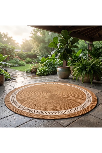 Larimar Yuvarlak Jüt Görünümlü Hasır Kilim – Bordür Detaylı Bohem Dekoratif H...