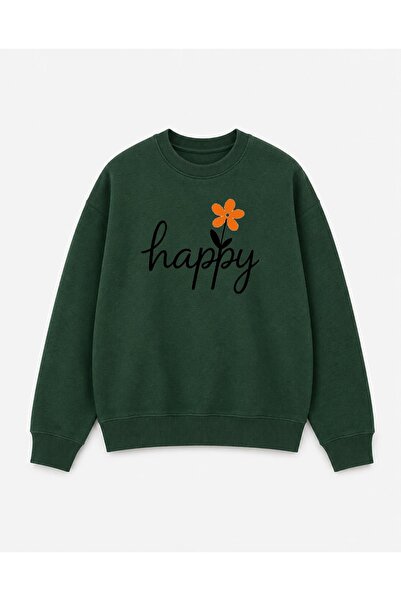 herkesemoda Happy Print Detailed Embroidered 2 Thread Crew Neck Sweatshirt