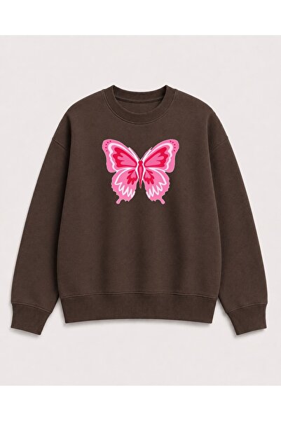 herkesemoda Butterfly Print Detailed Embroidered 2 Thread Crew Neck Sweatshirt