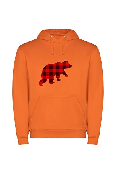 iLovePrints Red Bear Flannel Fusion Φούτερ με κουκούλα σε χρώμα Πορτοκαλί