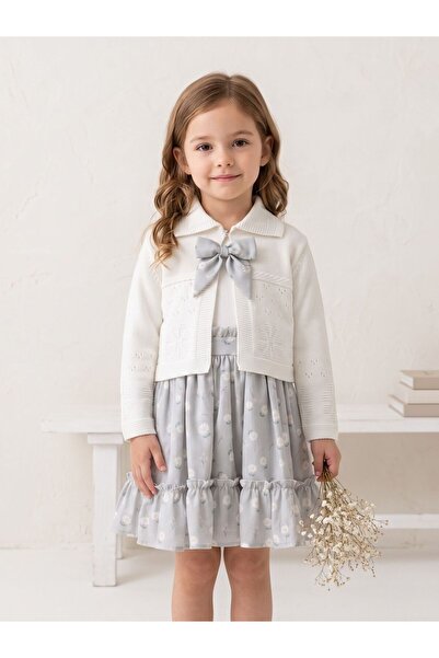 Cherrys Bebek Girl's Bow Detailed Floral Patterned Dress and Cardigan Set