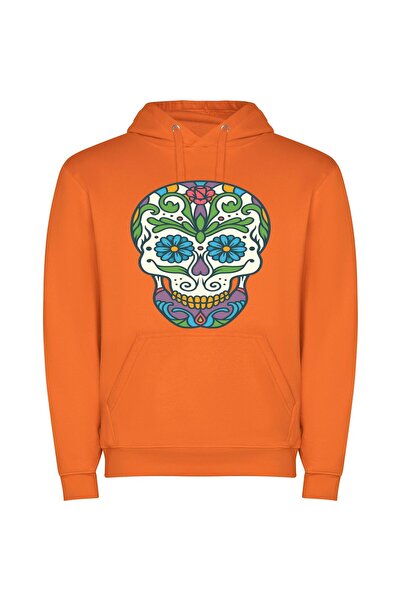 iLovePrints Colorful Dia De Muertos Φούτερ με κουκούλα σε χρώμα Πορτοκαλί