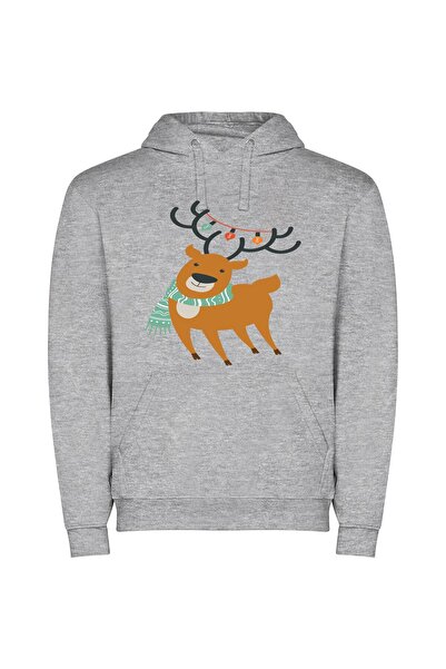 iLovePrints Fashionable Festive Deer Φούτερ με κουκούλα σε χρώμα Γκρι