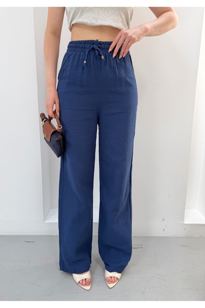 NEW JOURNAL Women's Navy Blue High Waist Lace-Up Muslin Trousers Sr5200