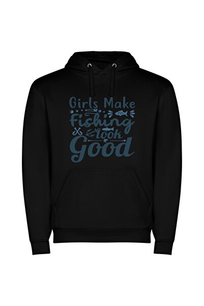 iLovePrints Fishing Girls, Stunning Creations Φούτερ με κουκούλα σε χρώμα Μαύρο
