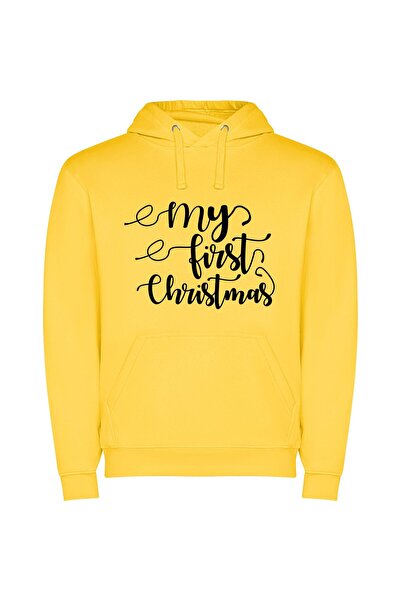 iLovePrints Modern Calligraphy Christmas Joy Φούτερ με κουκούλα σε χρώμα Κίτρινο
