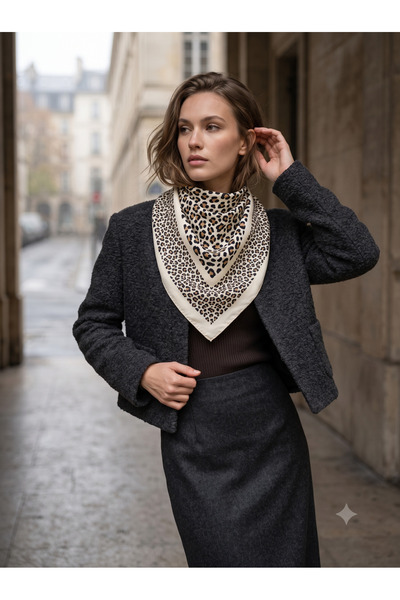 Luminos Butik Women's Beige Leopard Patterned Cotton 70X70 Imported Scarf Flr...