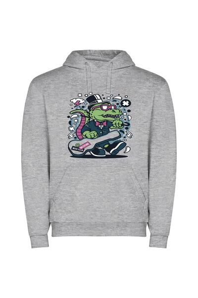 iLovePrints Guitar-Grooving Gator Φούτερ με κουκούλα σε χρώμα Γκρι