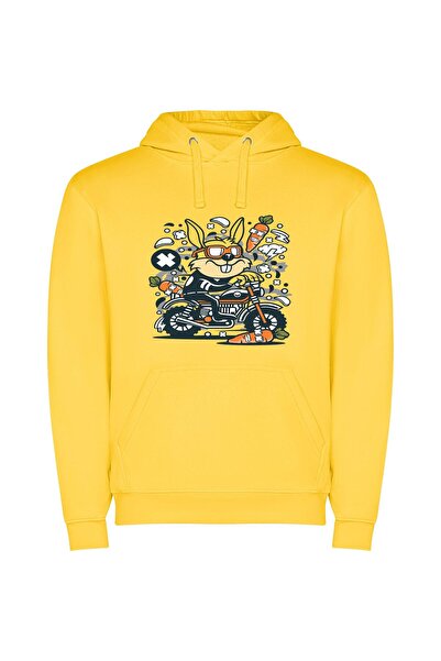 iLovePrints MotoHare: Electric Bunny Revs! Φούτερ με κουκούλα σε χρώμα Κίτρινο