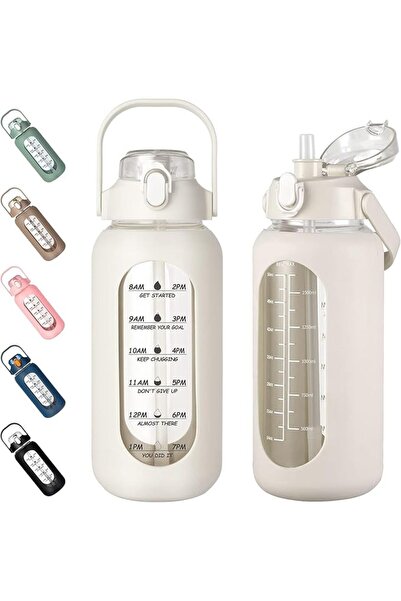 GENERAL 64oz Glass Water Bottles with Straw,Leakproof Wide Mouth,Motivational...