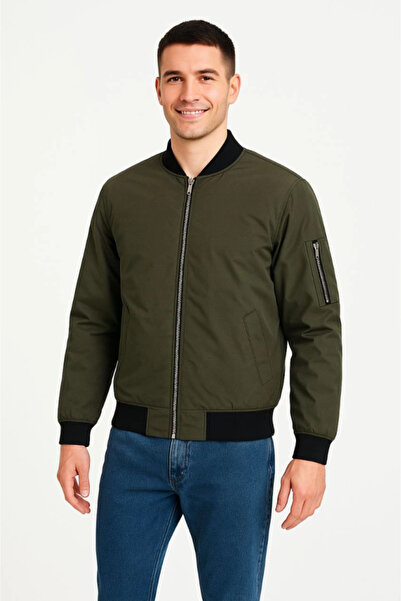 Gökyüzü Moda Men's Lined Zippered Bomber Coat Jacket - Khaki