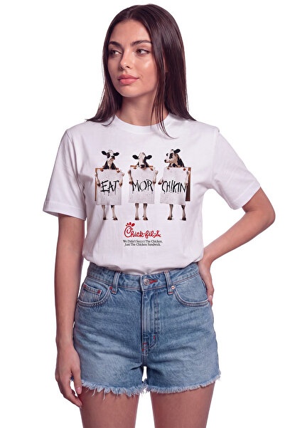 Color Luxe Women's Eat More Chickin Cow Print Relaxed Fit T-Shirt White