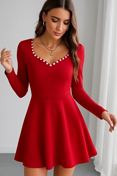 pazarella Women's Long Sleeve Pearl Collar Short Imported Crepe Dress