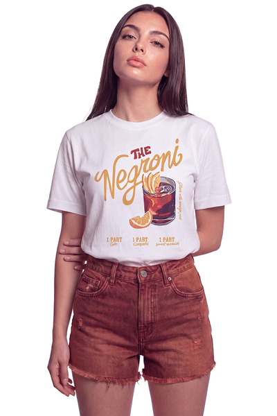 Kadın Negroni Kokteyl Baskılı Relaxed Fit Tişört Beyaz